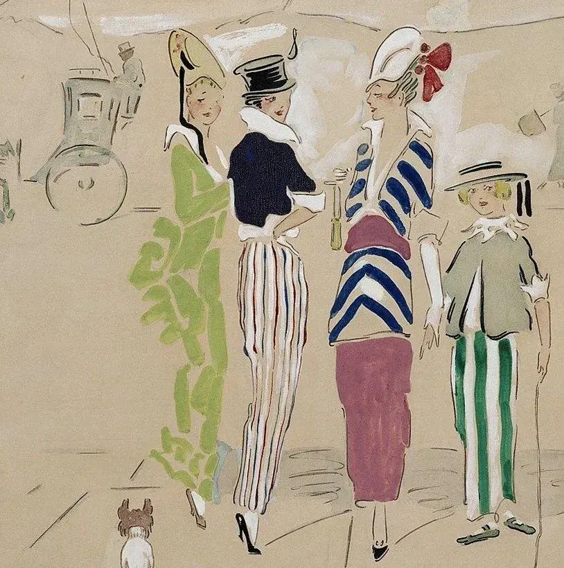 Vintage fashion illustration of four women in striped and patterned outfits